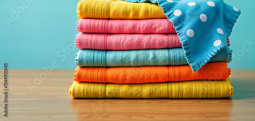 Colorful tablecloths stacked on top of each other.