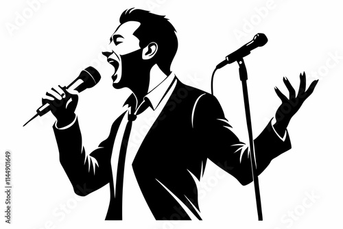 man singing with a microphone line art silhouette vector illustration