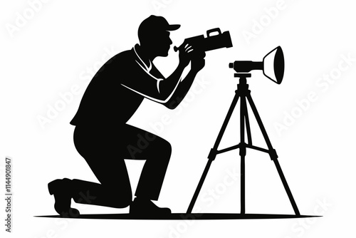 man taking photo using tripod line art silhouette vector illustration