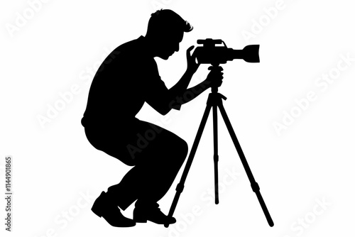 man taking photo using tripod line art silhouette vector illustration