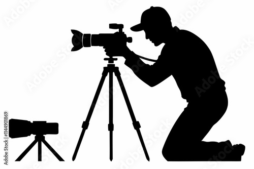 man taking photo using tripod line art silhouette vector illustration