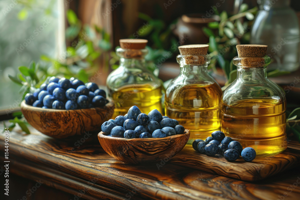 Freshly picked olives berries in wooden bowls and pressed oils in glass bottles,. Freshly picked olives berries in wooden bowls and pressed oils in glass bottles,.
