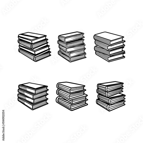 stack of books line art, black outline, vector and illustration, line art and outline set