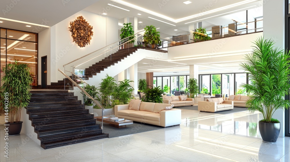Modern luxury hotel lobby with staircase, lounge area, and plants. Modern luxury hotel lobby with staircase, lounge area, and plants.