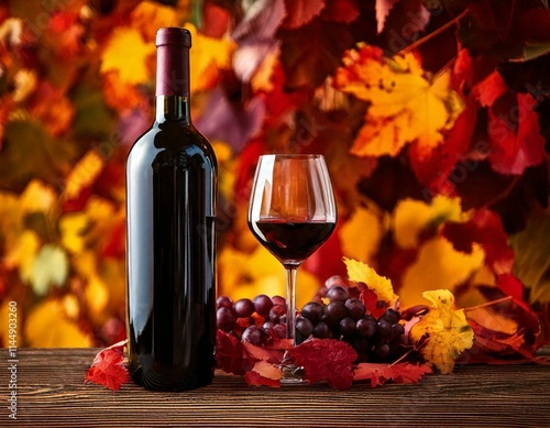 bouteille et verre de vin rouge avec feuilles de vigne en automne