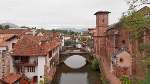 Aerial view of a picturesque Saint-Jean-Pied-de-Port town in France