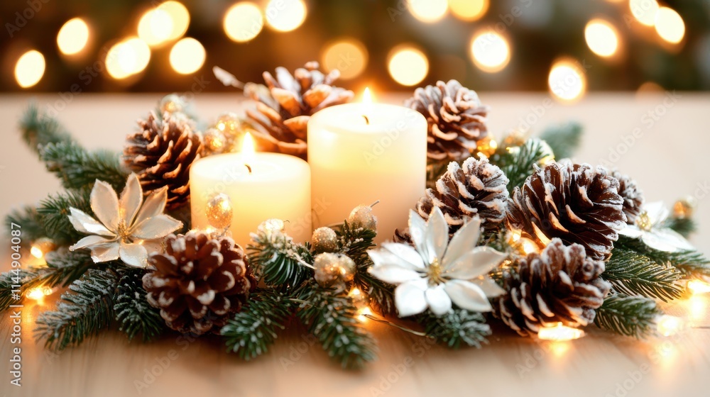 An elegant table centerpiece with pinecones, candles, and frosted holly leaves under soft lighting. An elegant table centerpiece with pinecones, candles, and frosted holly leaves under soft lighting.