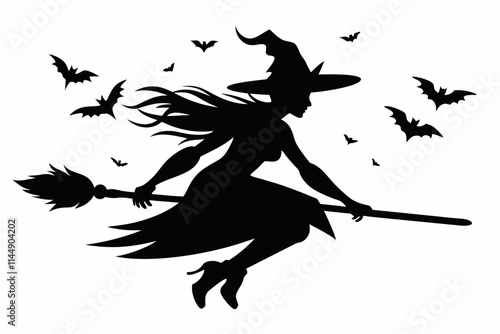 witch flying on a broomstick line art silhouette vector illustration