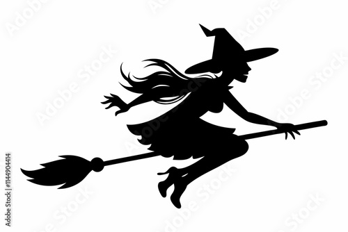 witch flying on a broomstick line art silhouette vector illustration