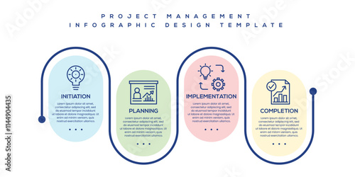 4 Step Project Management Infographic Vector Template. Initiation, Planning, Implementation, Completion Process. Business Timeline Diagram for Presentation, Workflow, and Task Management Design vector