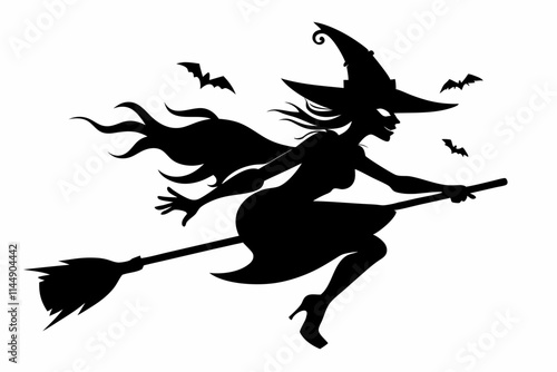 witch flying on a broomstick line art silhouette vector illustration