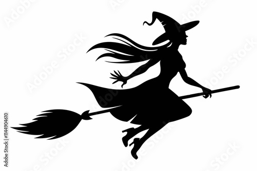 witch flying on a broomstick line art silhouette vector illustration