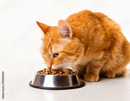 chat roux mangeant des croquettes dans une gamelle