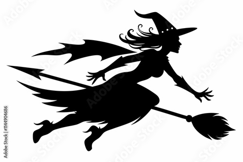 witch flying on a broomstick line art silhouette vector illustration