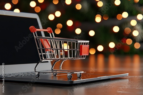 Online shopping cart displayed on laptop holiday season digital marketing image cozy home environment close-up perspective