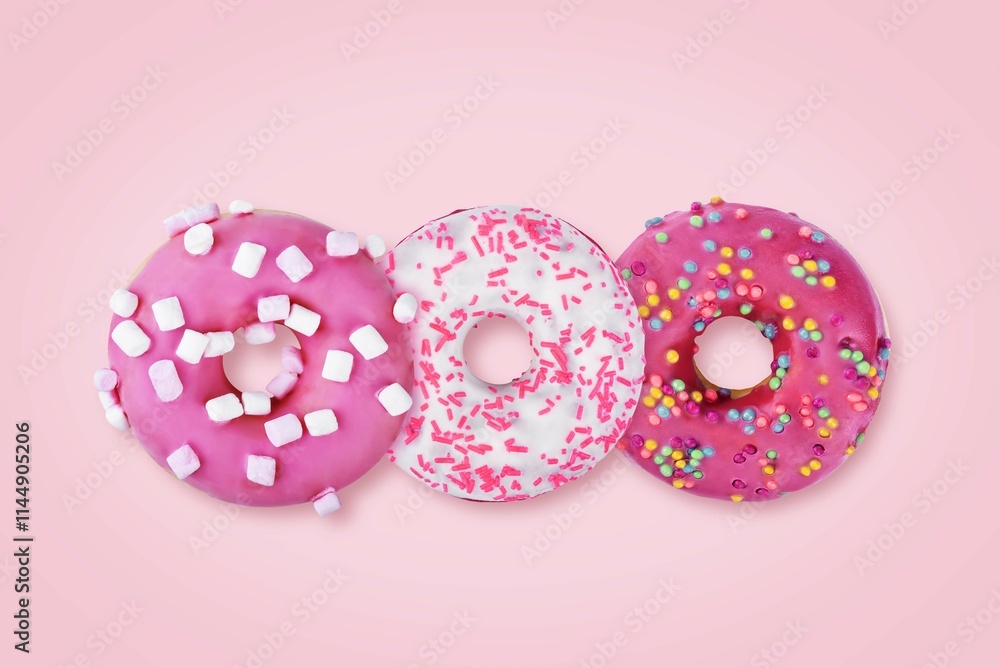 Pink donuts with cream filling for Valentine's day holidays Pink donuts with cream filling for Valentine's day holidays