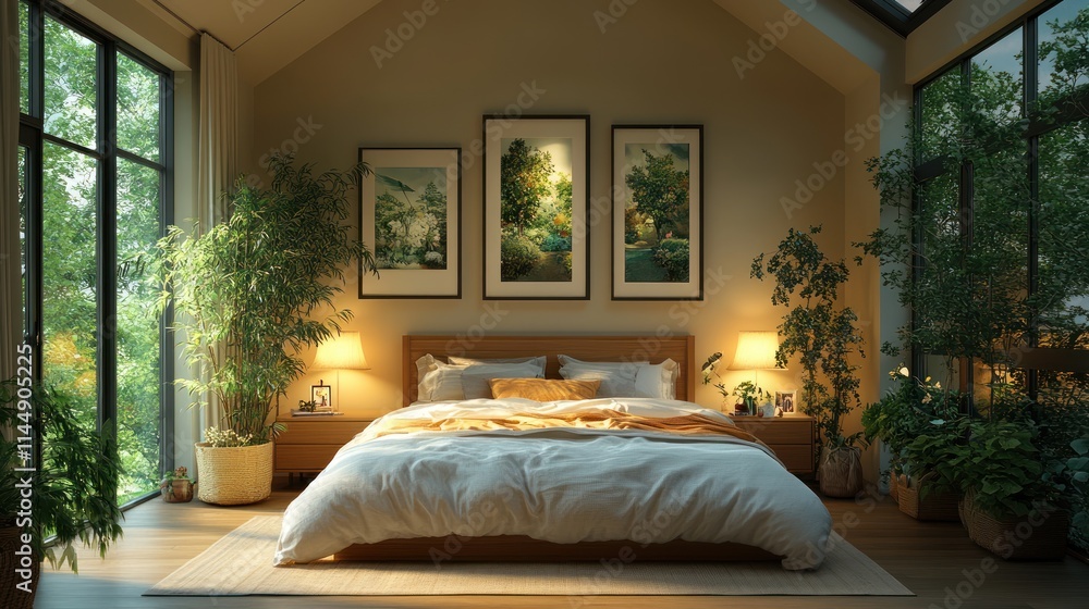 Fototapeta premium Cozy bedroom with plants and natural light.