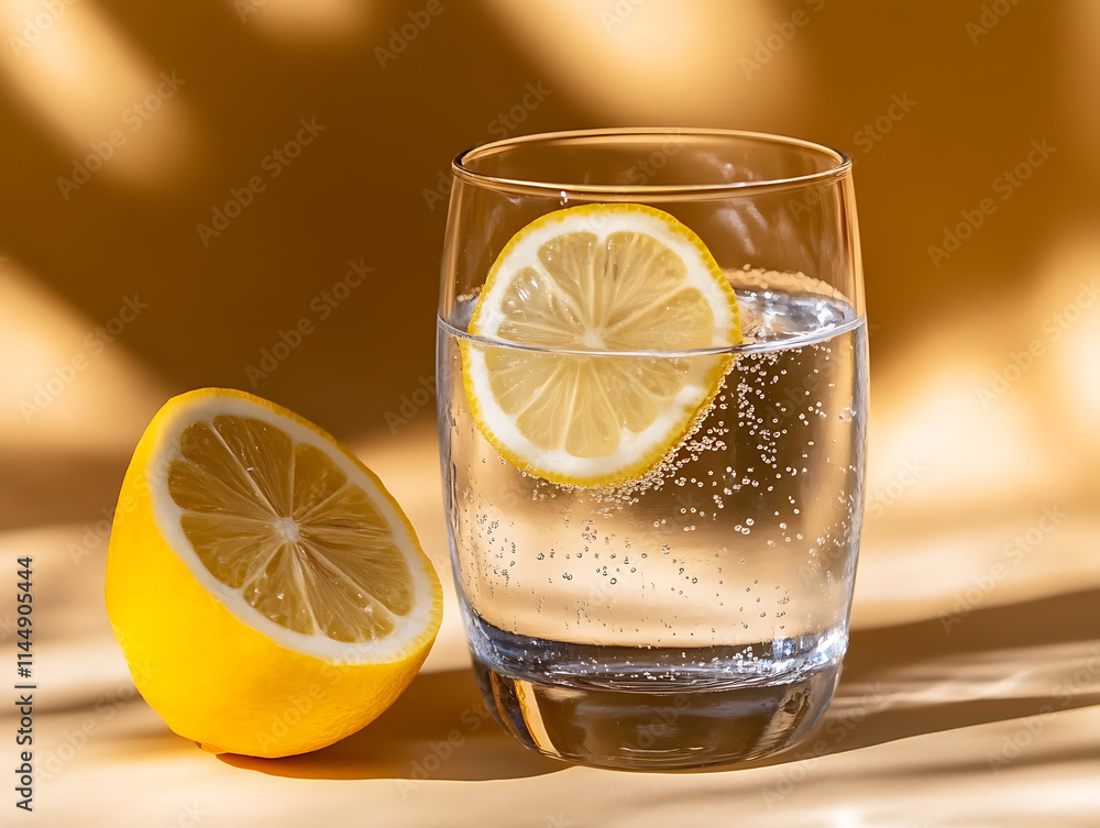 Refreshing Lemon Water: A close-up shot of a glass of sparkling water with a lemon slice Refreshing Lemon Water: A close-up shot of a glass of sparkling water with a lemon slice