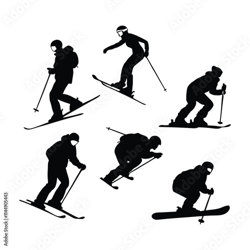 Silhouette of Skiers in Action on a Mountain Slope