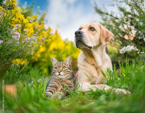 chien labrador et chat tigré au jardin au printemps