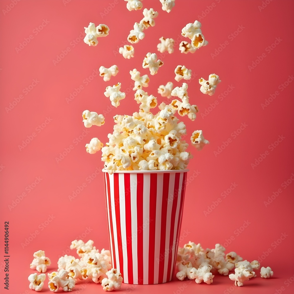 Fresh Popcorn Flying Above a Striped Box with Red Background Fresh Popcorn Flying Above a Striped Box with Red Background