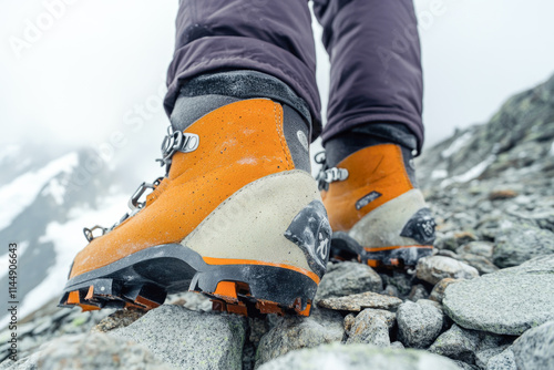 Orange hiking boots on rocky mountain terrain: outdoor adventure gear in action photo