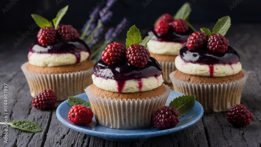 Cupcake with blackberry lavender cheesecake. The Graham cracker cake is covered with a juicy cream cheese filling with lavender extract. The cupcake is decorated with fresh blackberries and mint. Cupcake with blackberry lavender cheesecake. The Graham cracker cake is covered with a juicy cream cheese filling with lavender extract. The cupcake is decorated with fresh blackberries and mint.