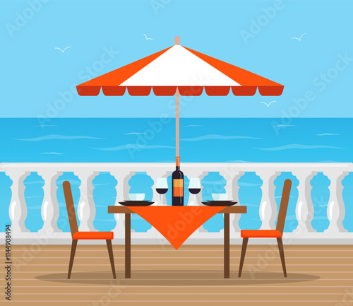 Table with umbrella on the terrace balcony. Balcony with sea view. Vector stock
