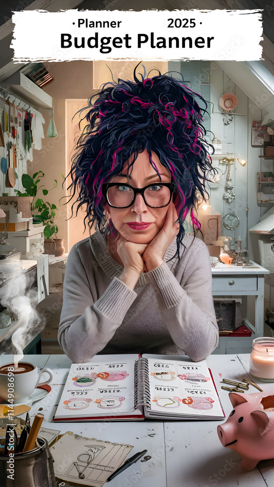 conceptual art with middle-aged woman making