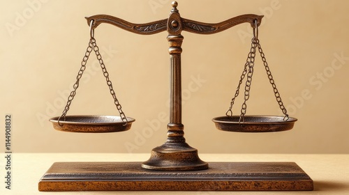 Antique brass scales of justice on wooden base.
