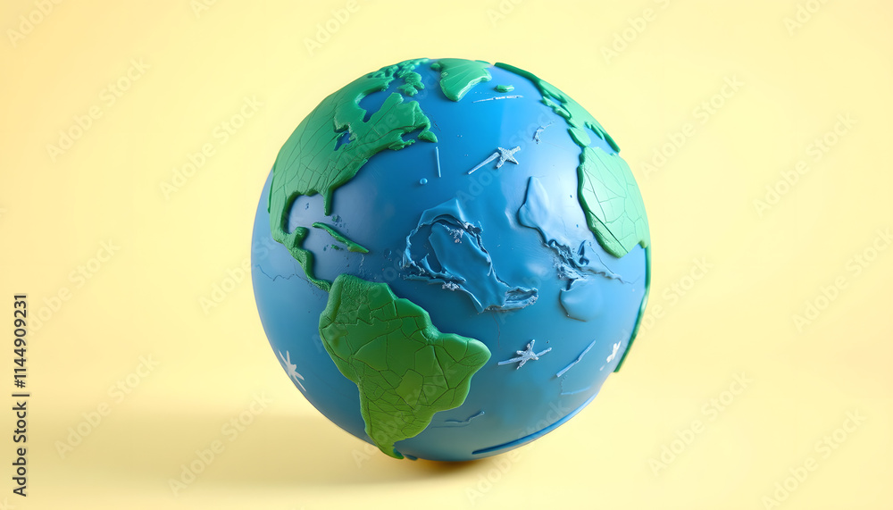 Fototapeta premium Earth Globe Modeling from Plasticine Blue and Green Clay. 3d Rendering, isometry, with white tones