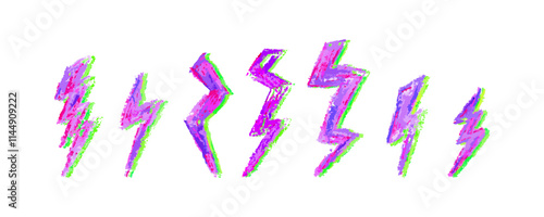 Set of lightning by wax pencil drawing. Collection of handdrawing chalk , light flash signs, Doodle thunder bolts, yellow color design elements. Graffiti style weather symbols. Vector illustration