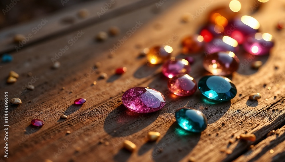 Colorful gemstones scattered on a wooden surface with warm sunlight Colorful gemstones scattered on a wooden surface with warm sunlight