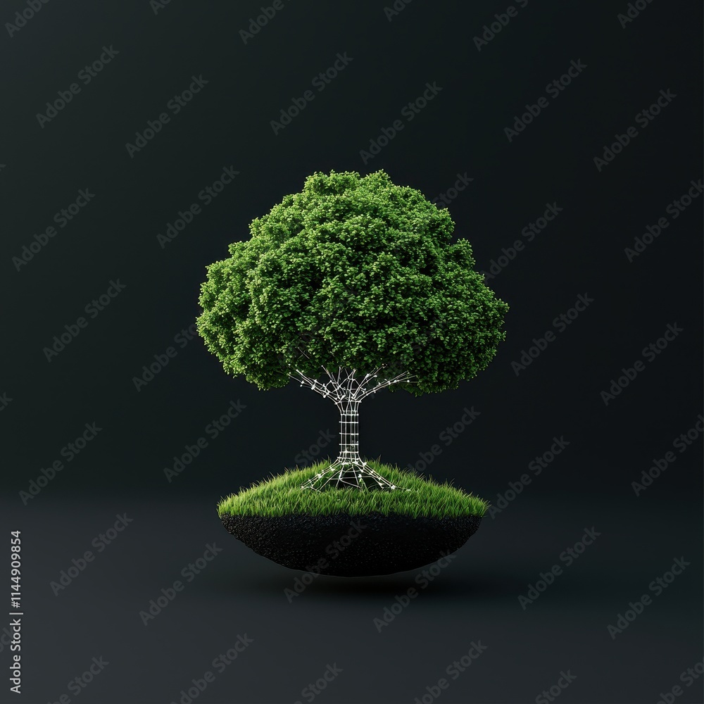 A vibrant green tree sits on a small patch of grass, showcasing a striking contrast against a dark background. A vibrant green tree sits on a small patch of grass, showcasing a striking contrast against a dark background.