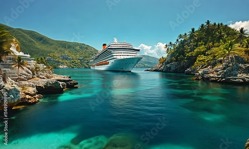A serene coastal scene featuring a cruise ship anchored near a tropical beach surrounded by lush greenery.