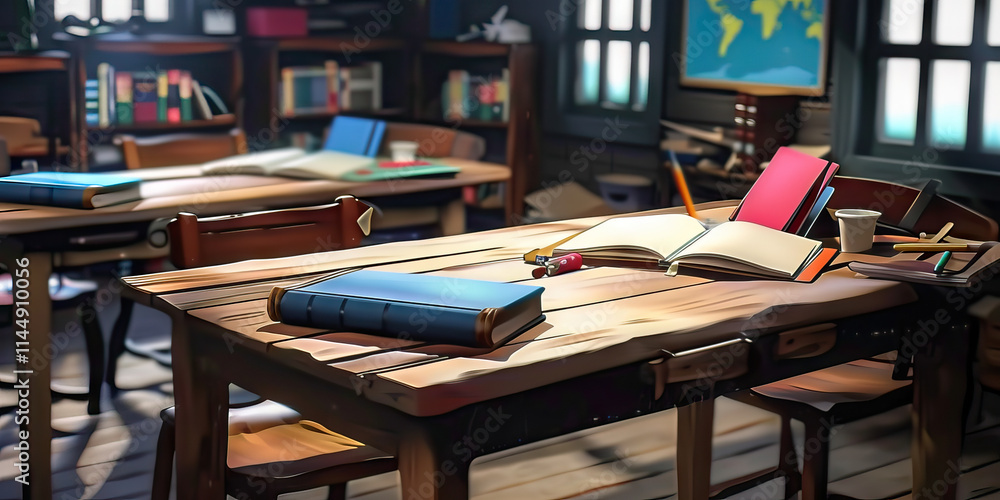 Classroom Desk with Books and Notebooks Classroom Desk with Books and Notebooks