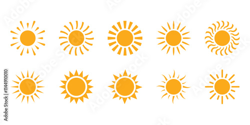 Sun icon set. Sunset icon collection. Sunshine icon set. Sunrise icon collection. Bright Sun collection. Perfect for Summer, Travel, Weather Forecast, Nature , and Renewable Energy Design Projects
