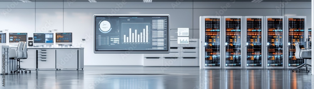 A modern data center featuring servers and a large display with analytical graphs, showcasing technology and efficiency in a sleek environment. A modern data center featuring servers and a large display with analytical graphs, showcasing technology and efficiency in a sleek environment.