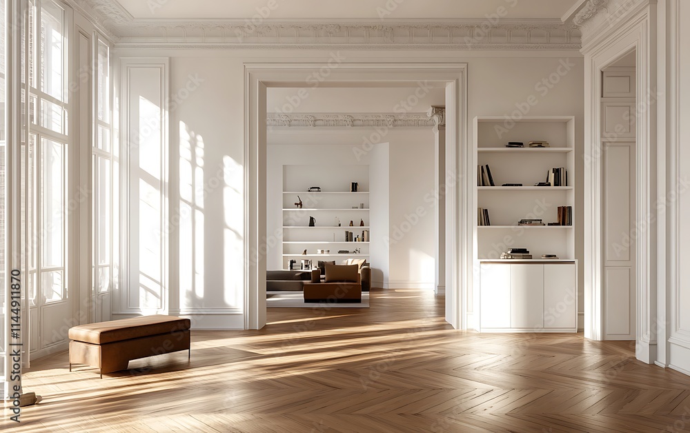 Fototapeta premium 3D rendering of a modern living room interior with a wooden parquet floor and white wall mock-up, decorated with a cabinet, shelves with decorations, bookshelves, and a table in the front view