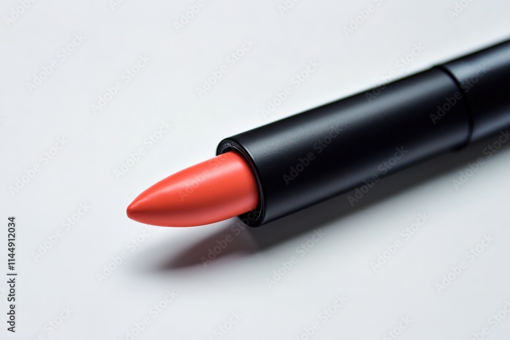 lip crayon with sleek matte black casing and bold coral tip isolated on white backdrop lip crayon with sleek matte black casing and bold coral tip isolated on white backdrop