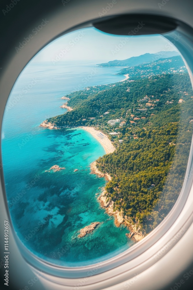 Fototapeta premium Airplane Window View of French Riviera Coastline with Turquoise Water and Sandy Beaches