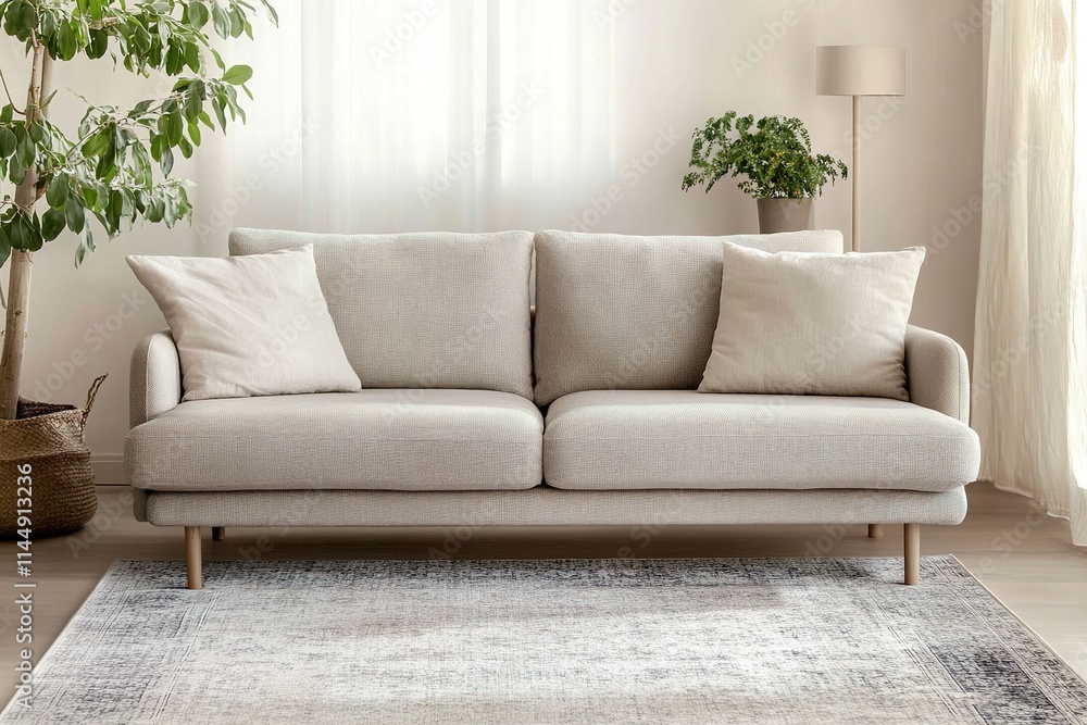 minimalist scandinavian living room with neutral sofa clean rug and small plant in corner minimalist scandinavian living room with neutral sofa clean rug and small plant in corner
