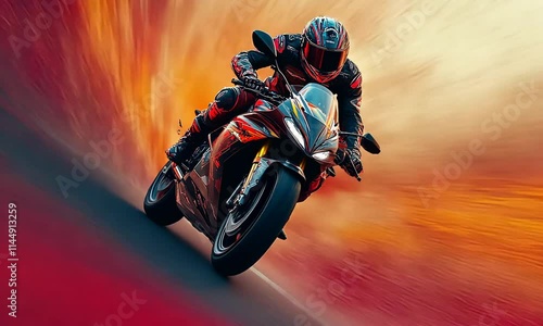 A dynamic motorcycle rider speeding through an explosion of color and energy. photo