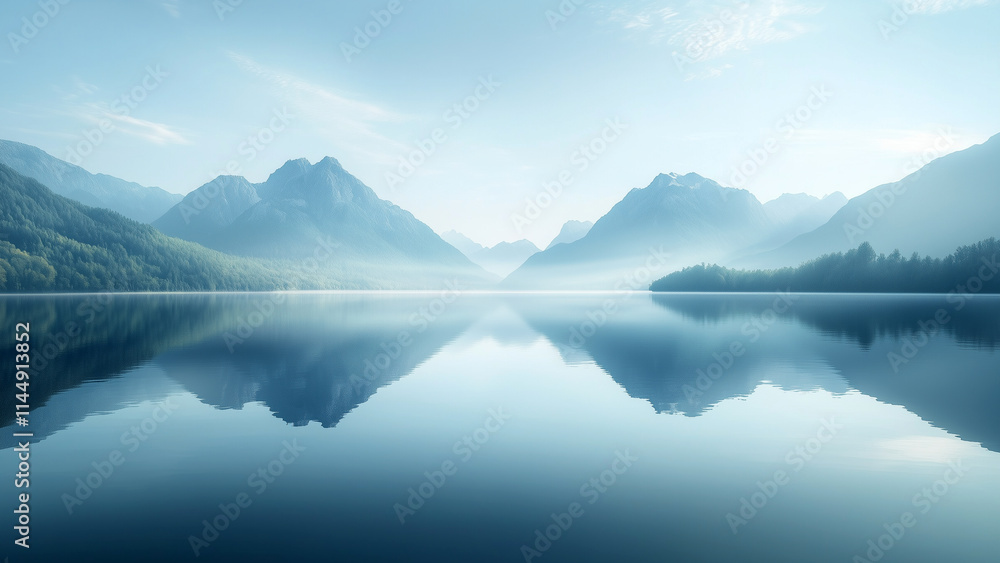 A serene lakeside with mirrored horizons and calm reflections A serene lakeside with mirrored horizons and calm reflections