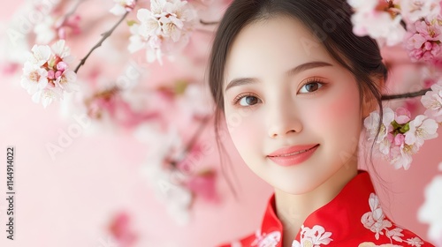 Young woman wearing traditional red qipao dress standing amongst blooming cherry blossom branches, exuding serene and festive Lunar New Year vibes.