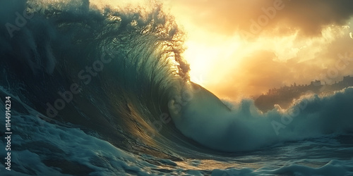 Blue ocean with tall waves.A surfer is riding a wave in front of a sunset.


