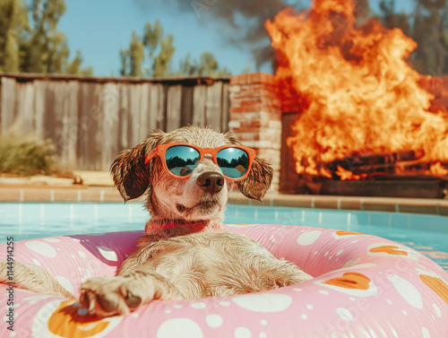 Dog chilling in pool float with fire in background