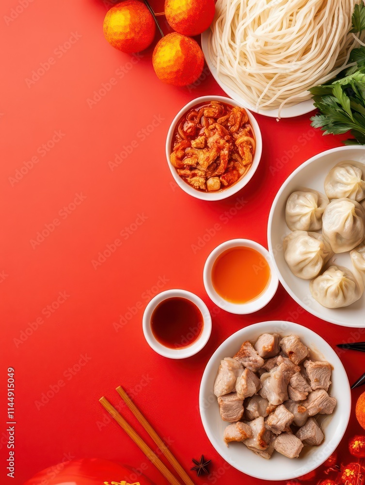 Festive table setup for Chinese Lunar New Year celebration pork, dumplings, noodles, and colorful decorations Festive table setup for Chinese Lunar New Year celebration pork, dumplings, noodles, and colorful decorations