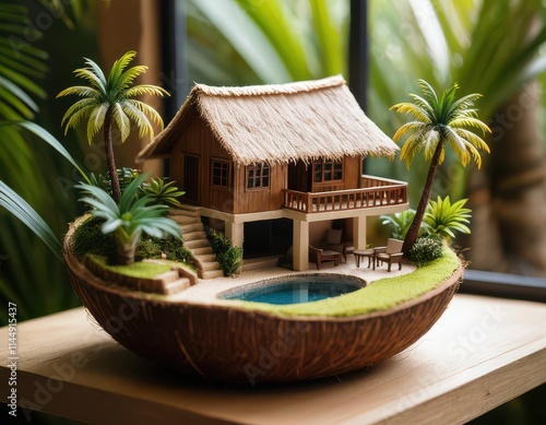 Creative miniature scene of a tropical villa with palm trees, a pool, and lush vegetation in a coconut shell, evoking paradise, beauty, and serenity. photo