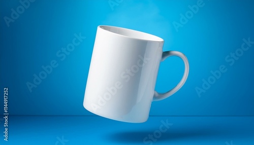 Caneca de porcelana para mockup flutuando e atrás um fundo azul